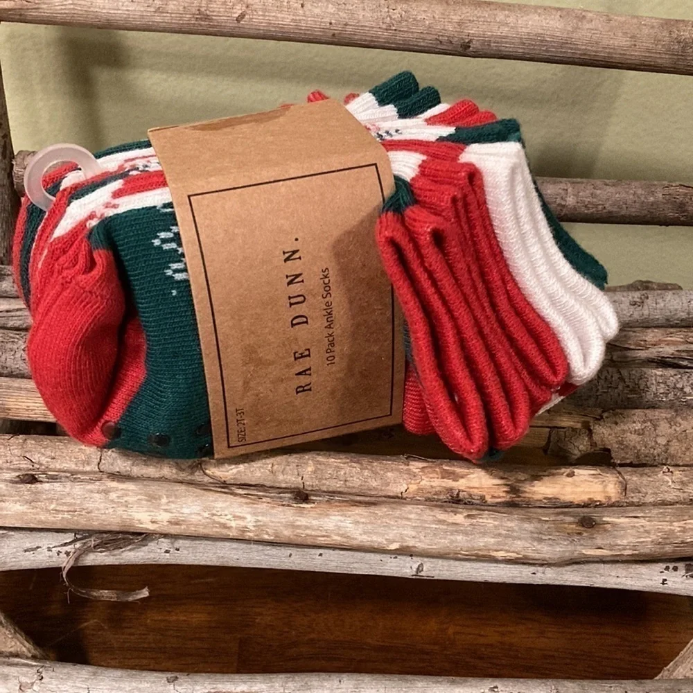 NEW! Rae Dunn 2T-3T TEN PACK Buffalo Check CHRISTMAS ANKLE SOCKS